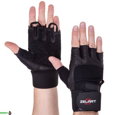 Рукавички для важкої атлетики шкіряні ZELART SB-161085 (спандекс, еластан, відкриті пальці, р-р S-XXL, чорний)