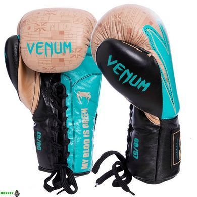 Рукавички боксерські професійні шкіряні на шнурівці VNM Hammer Pro VL-2021 14 унцій бірюзовий-золотий-чорний