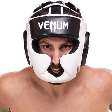 Шолом боксерський з повним захистом шкіряний VENUM CHALLENGER VN0771 розмір універсальний (one size) чорний-білий