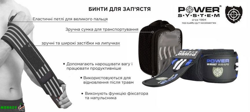 Кистьові бинти Power System Wrist Wraps PS-3500 Blue/Black