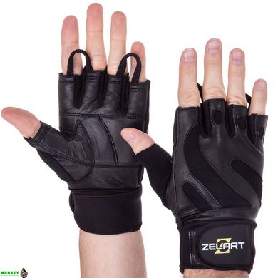 Перчатки для тяжелой атлетики кожаные ZELART SB-161064 (спандекс, неопрен, открытые пальцы, р-р S-XXL, черный)