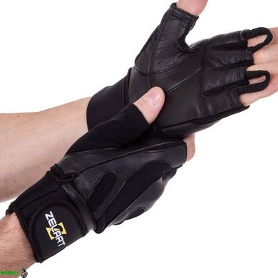 Перчатки для тяжелой атлетики кожаные ZELART SB-161064 (спандекс, неопрен, открытые пальцы, р-р S-XXL, черный)