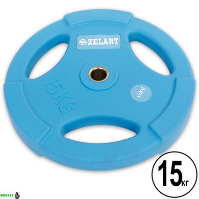 Блины (диски) полиуретановые с хватом и металлической втулкой d-28мм Zelart TA-5336-28-15 15кг (синий)