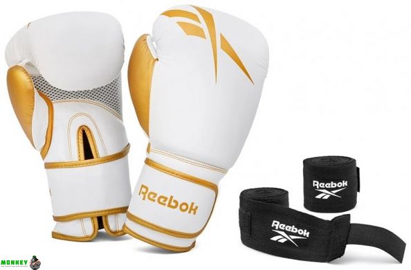 Набір боксерських рукавичок і бинтів Reebok Boxing Gloves & Wraps Set білий, золото Чол 12 унцій