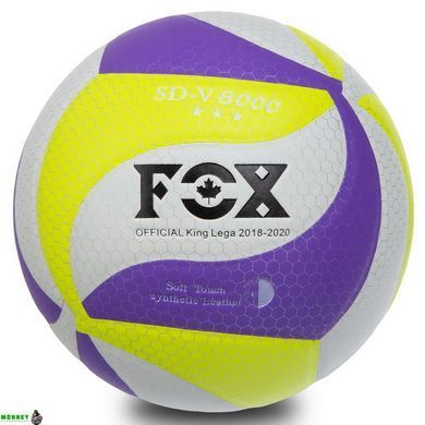 Мяч волейбольный Клееный PU FOX SD-V8000 Лимонный-фиолетовый-белый (PU с сотами, №5, 5 сл., клееный)