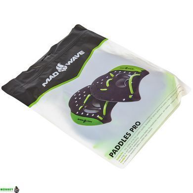 Лопатки для плавання гребінні MadWave PRO M074002 (поліпропілен, силікон, розчин S(14,5x15,5см), M(17,5x18см), L(21,5x21,5см), чорний-зелений)