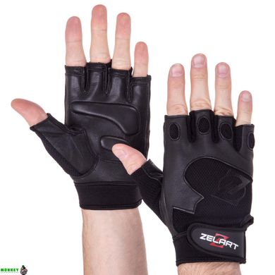 Перчатки спортивные кожаные ZELART SB-161555 (спандекс, открытые пальцы, р-р S-XXL, черный)