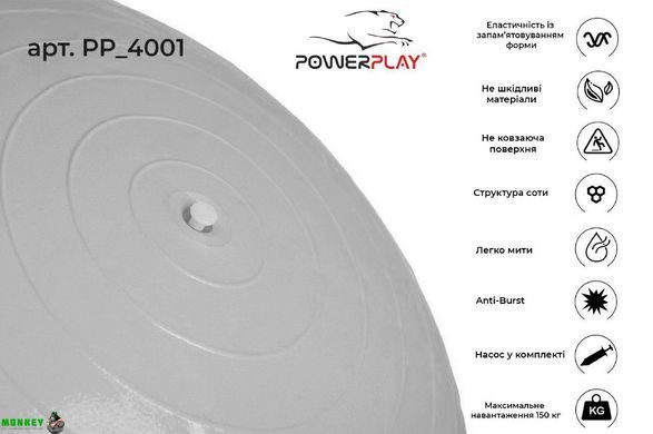 М'яч для фітнесу PowerPlay 4001 65см Сірий + насос