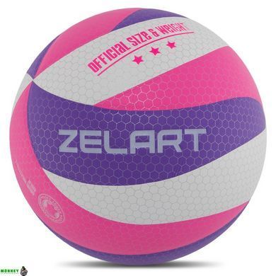 Мяч волейбольный Клееный ZELART VB-9000 Лимонный-фиолетовый-малиновый (PU с сотами, №5, 5 сл., клееный)