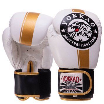 Перчатки боксерские кожаные на липучке YOKKAO YK016 Белый 16 унции (р-р 10-16oz,)