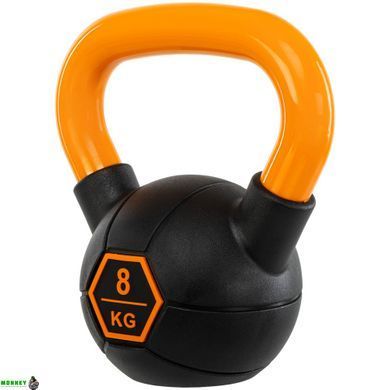Гиря тренировочная цельная обрезиненная с окрашенной ручкой LiveUp Urethane competition kettlebell UAZE5336-8 вес 8кг черный-оранжевый