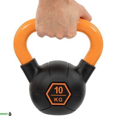 Гиря тренировочная цельная обрезиненная с окрашенной ручкой LiveUp Urethane competition kettlebell UAZE5336-10 вес 10кг черный-оранжевый