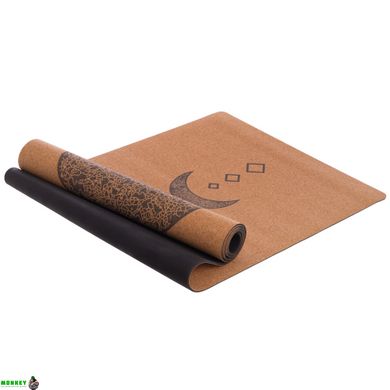 Килимок для йоги корковий каучуковий з принтом Record FI-7156-9 183x61мx0.4cм коричневий