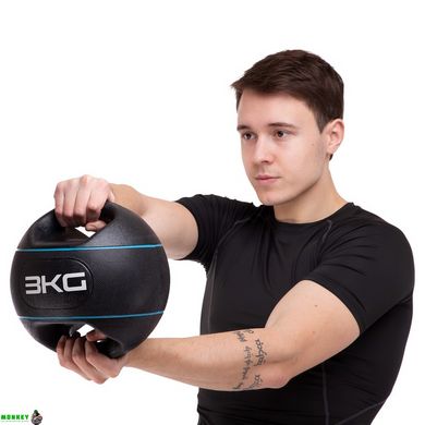 Мяч медицинский медбол с двумя ручками Zelart TA-7827-3 вес-3кг d-25см черный-бирюзовый