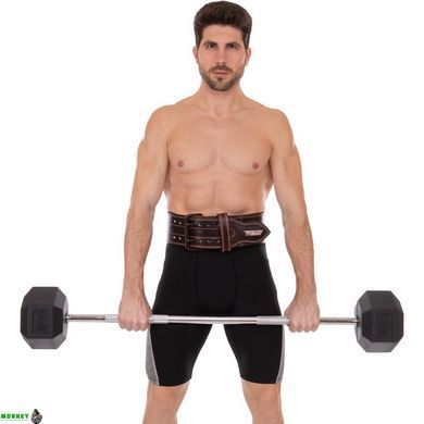Пояс для пауэрлифтинга кожаный VELO VL-8185 (ширина-4in (10см), р-р S-XXL, на пряжке, коричневый)